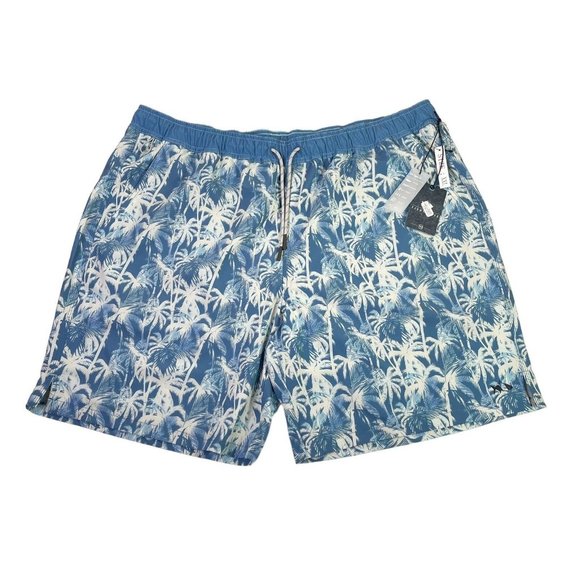 Blue Palm Print Men's Swim Trunks - Picture 1 of 11